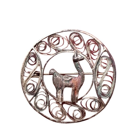 Vintage Peru 925 Silver Filigree Llama Brooch Pin Handmade Peruvian Jewelry - Picture 1 of 7